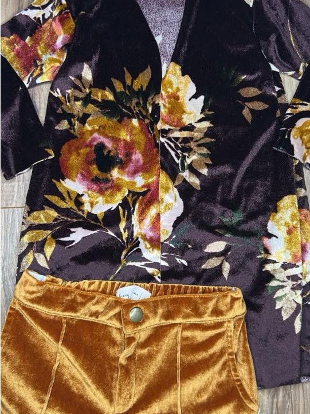 Kids Floral Velvet Top and Mustard Velvet Shorts Matching Set